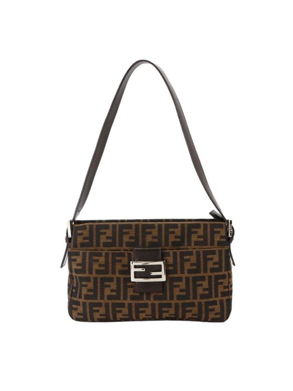 Fendi Zucca Shoulder Bag Canvas Leather Brown Silver